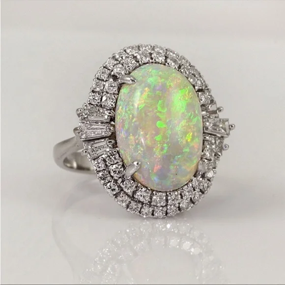 New Elegant 925 Silver Fire White Opal Ring - Picture 1 of 5
